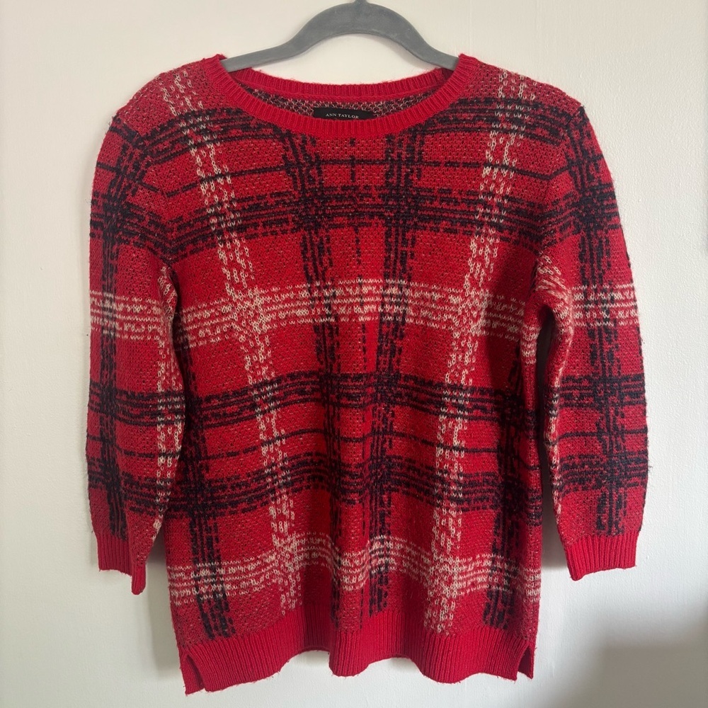 Ann Taylor Red/Black/Camel Plaid Wool Blend Sweater, Size Small - Picture 2 of 13